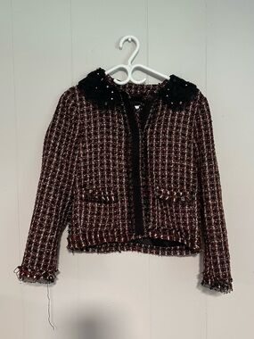 Zara Burgundy & Black Tweed Pearl-Collar Jacket